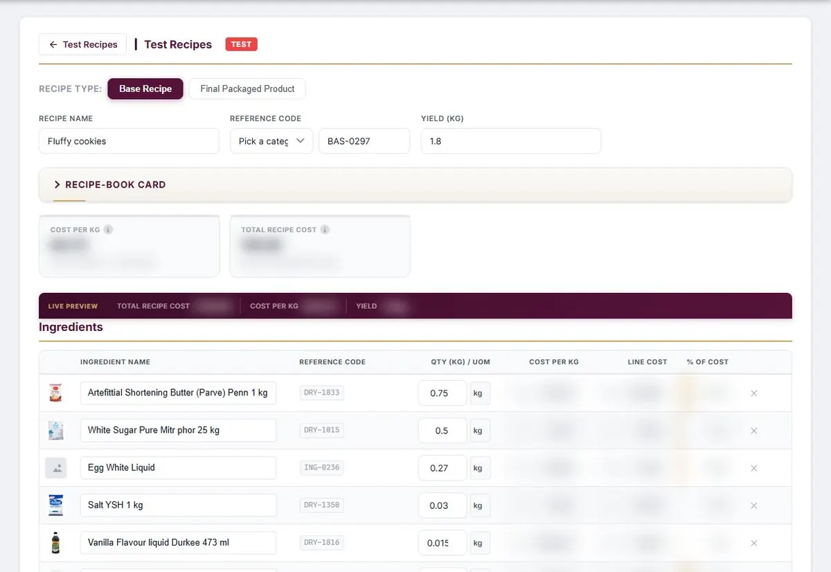 The recipe builder, opened on a test recipe