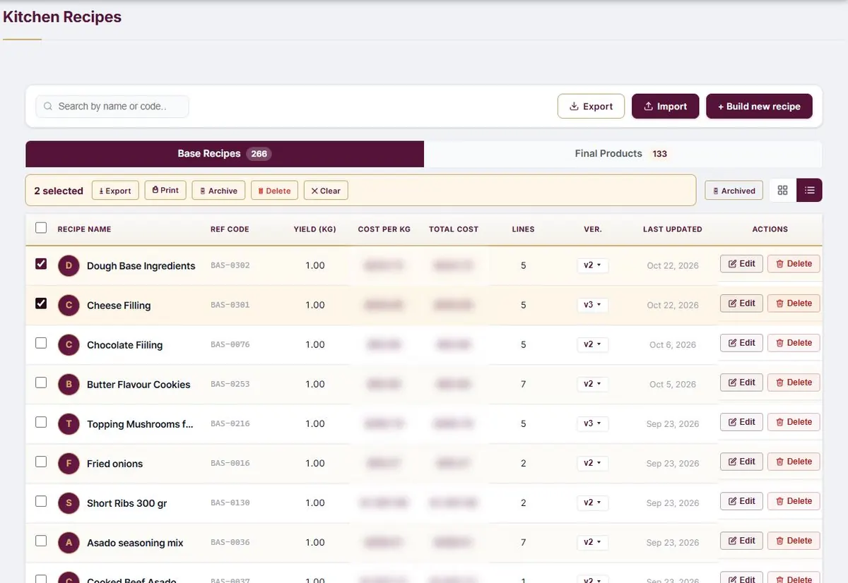 Kitchen Recipes in list view, with two recipes ticked